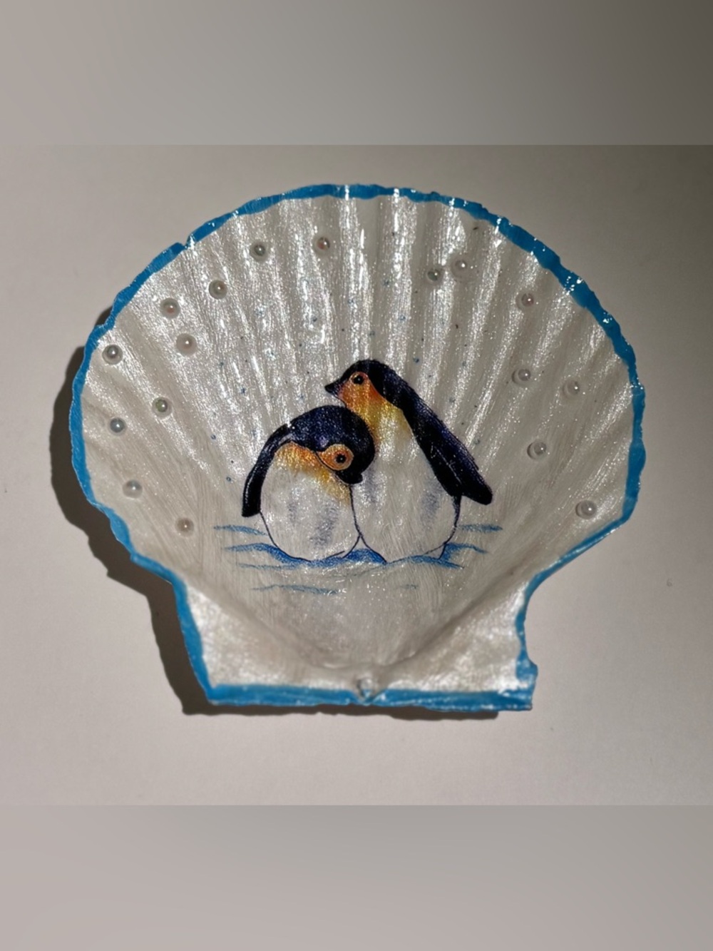 Handmade Penguin Scallop Shell Art - Blue Trim